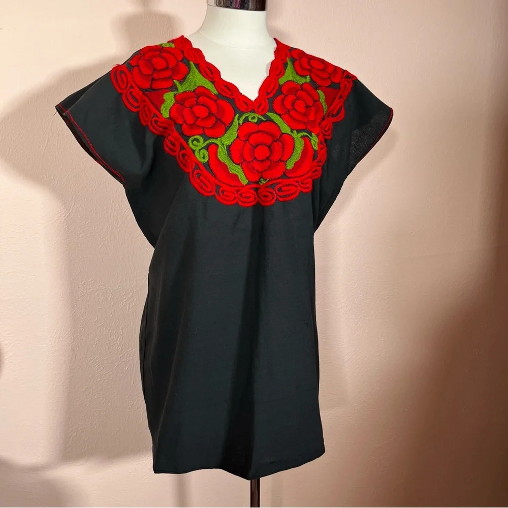 Vintage Bohemian Handmade Mexican Embroidered Red Floral Black Tunic Blouse - Picture 3 of 17